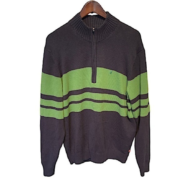 Izod Sweater Mens Size XL 1/4 Zip Navy and Kelly Green Wide Stripe - Picture 1 of 8